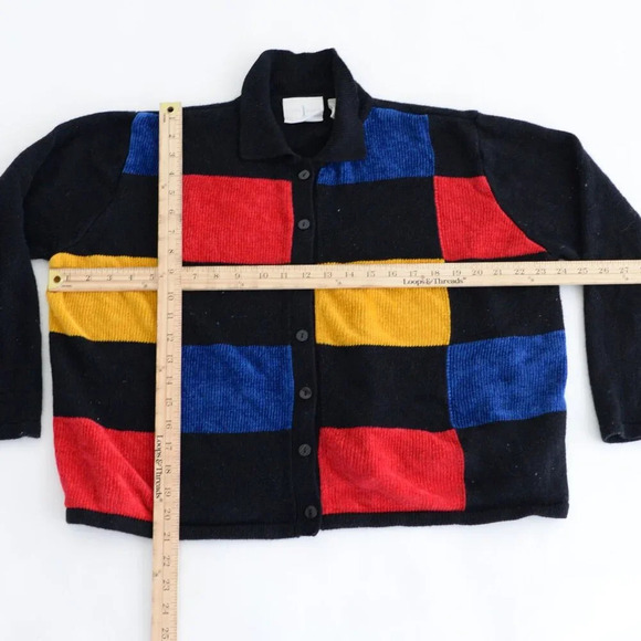 Vintage  Liz Claiborne Black Primary Color Colorblock Button Cardigan Sweater XL - Picture 4 of 12